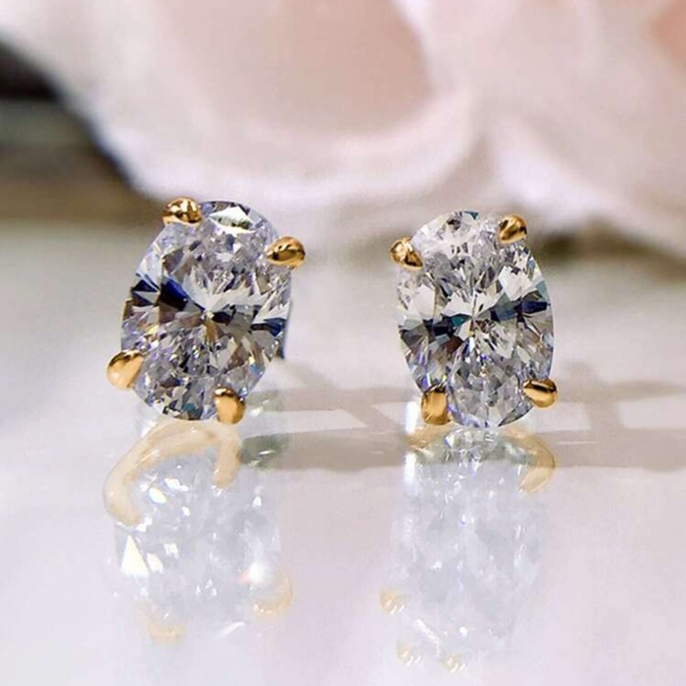 Gold Oval CZ Stud Earrings Rhinestone Crystal Statement Stud Earrings - Picture 4 of 4